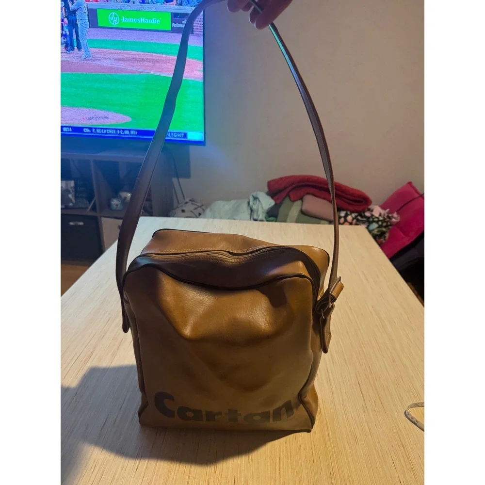 Vintage Cartan Travel vinyl record Bag Tan Brown Faux Leather Shoulder Avco 44
